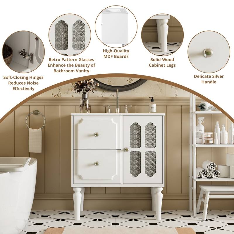 Solid Wood Frame Retro Style Bathroom Vanity with 30'' Ceramic Sink Combo, Freestanding Vanity Storage Cabinet with Glass Door