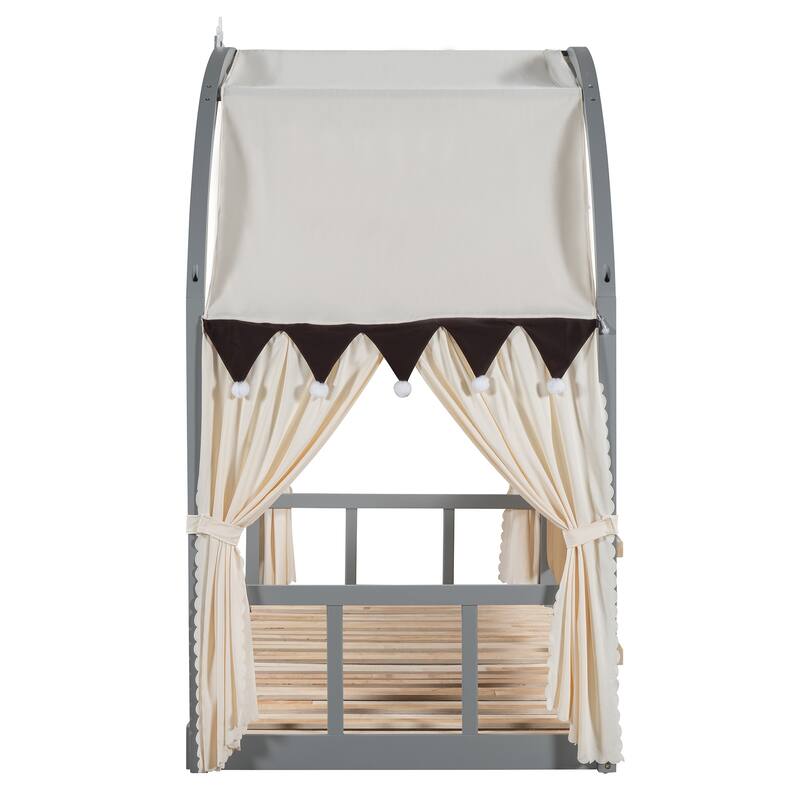 Wood Twin Size Bed Frame with Arched Roof, Floor Bed with Light and Curtain, Pull-out Kids Bed for Girls Boys Bedroom