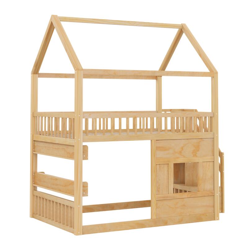 Roomfitters Full Size Wood House Loft Bed with Storage Stairs and Built-in Shelving, Modern Space-Saving Sleep Space