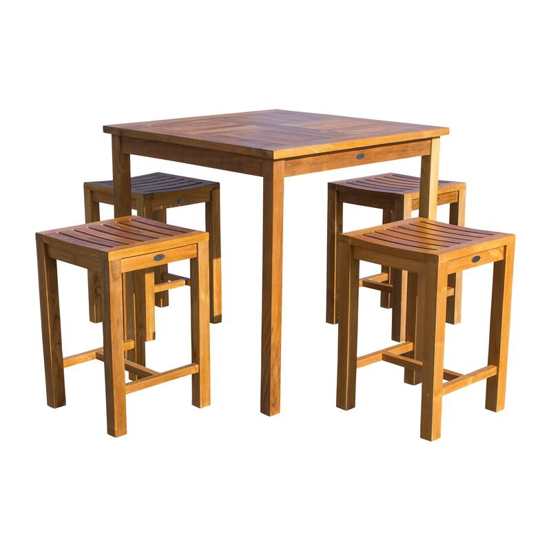 Chic Teak 5 Piece Teak Wood Seville Medium Counter Height Patio Bistro Set, 4 Counters Stools and 35" Square Table
