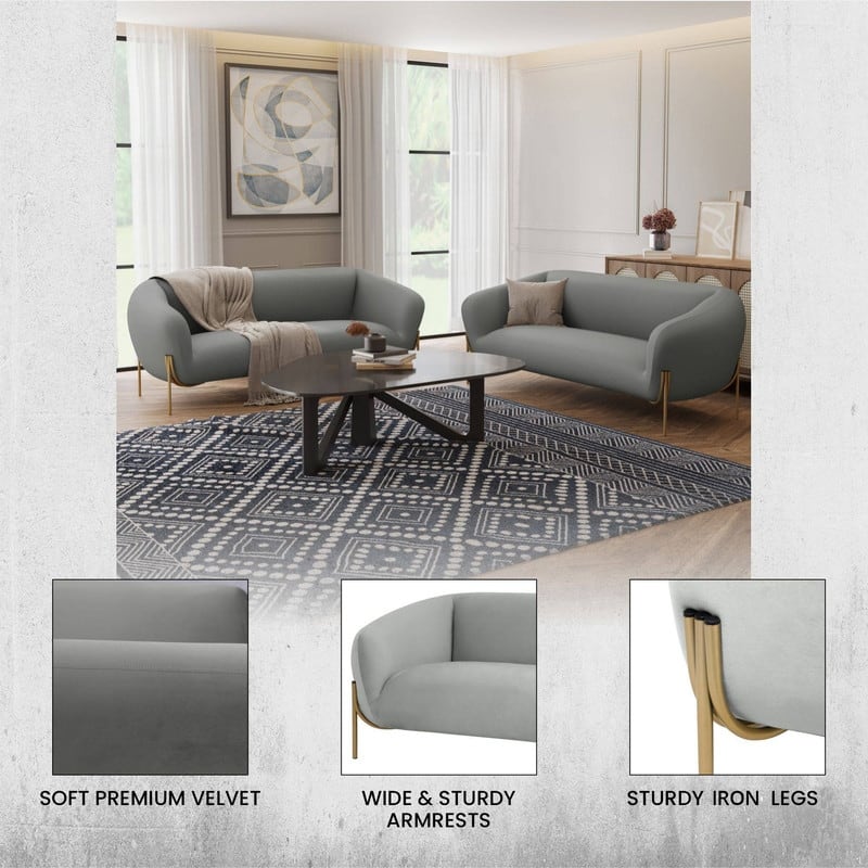 Zuno Modern Velvet Upholstered 3-Seater Sofa with Curved Seamless Design Gold Metal Base Plush Foam Cushions Easy Assembly