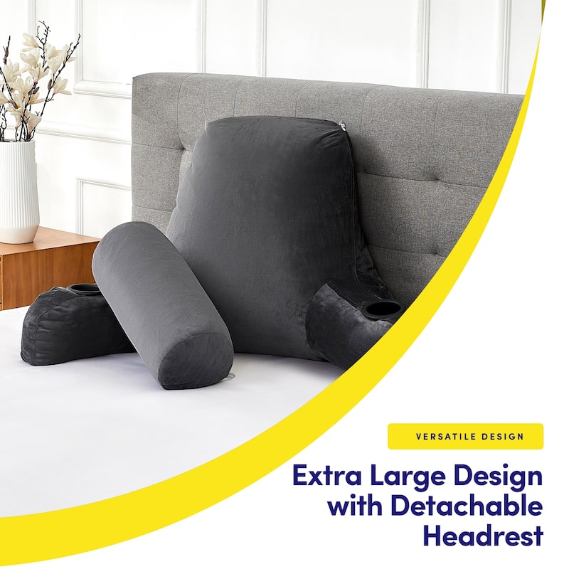 Sweet Home Collection Large Oversized Reading and Bed Rest Pillow with Cup Holders