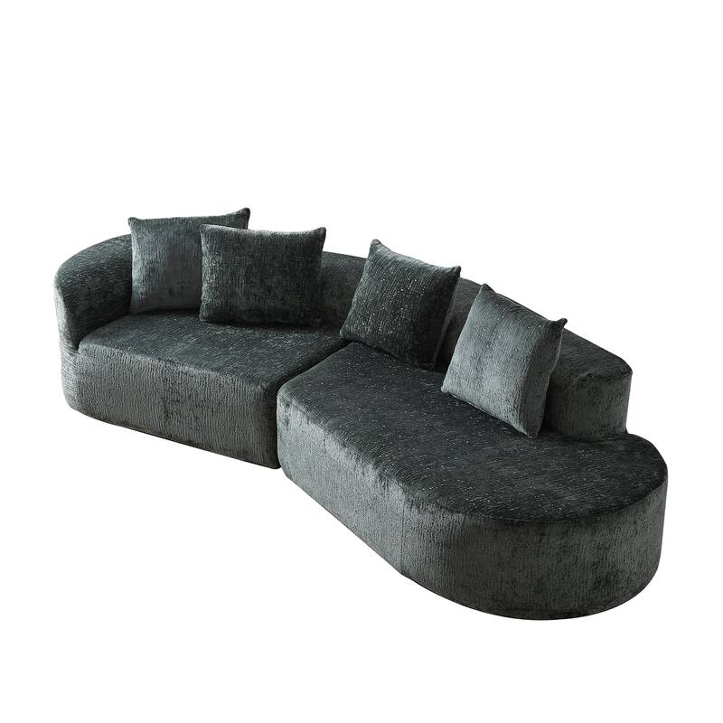 Curved Upholstered Loveseat Sofa Chenille Cloud Couch 4-Seater Chaise Lounge with 4 Throw Pillows for Living Room Recliner