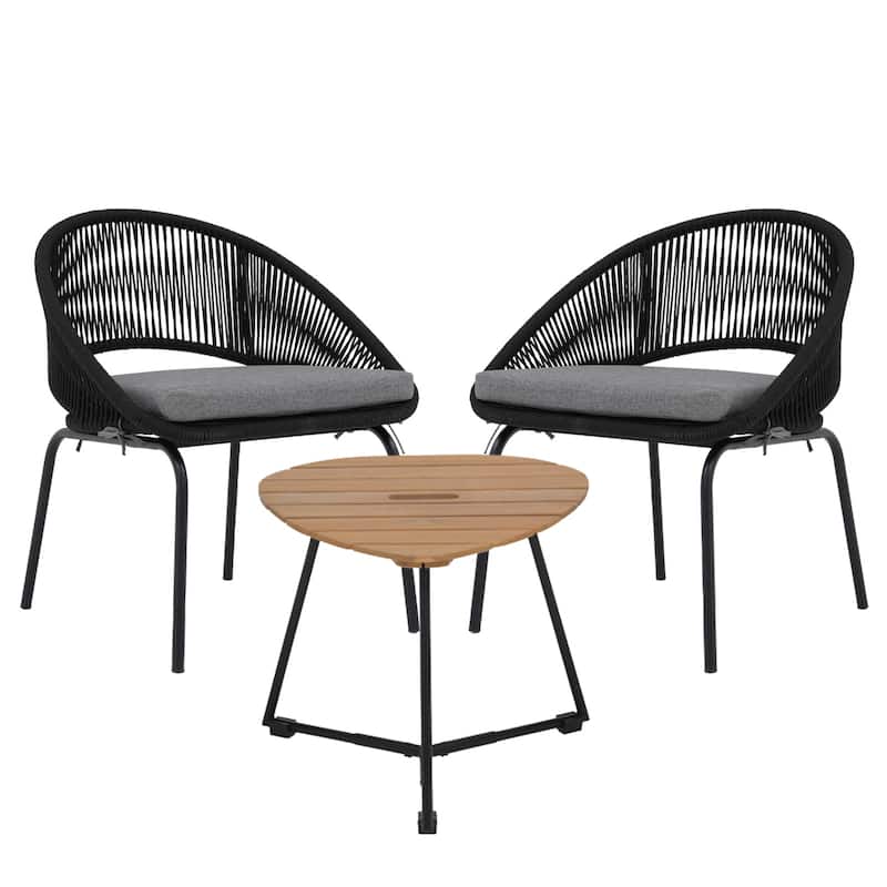 Luxurious 3-Piece Metal Woven Rope Outdoor Bistro Set with Gray Cushion & Coffee Table - 24.8*24.6*29.2 INCH