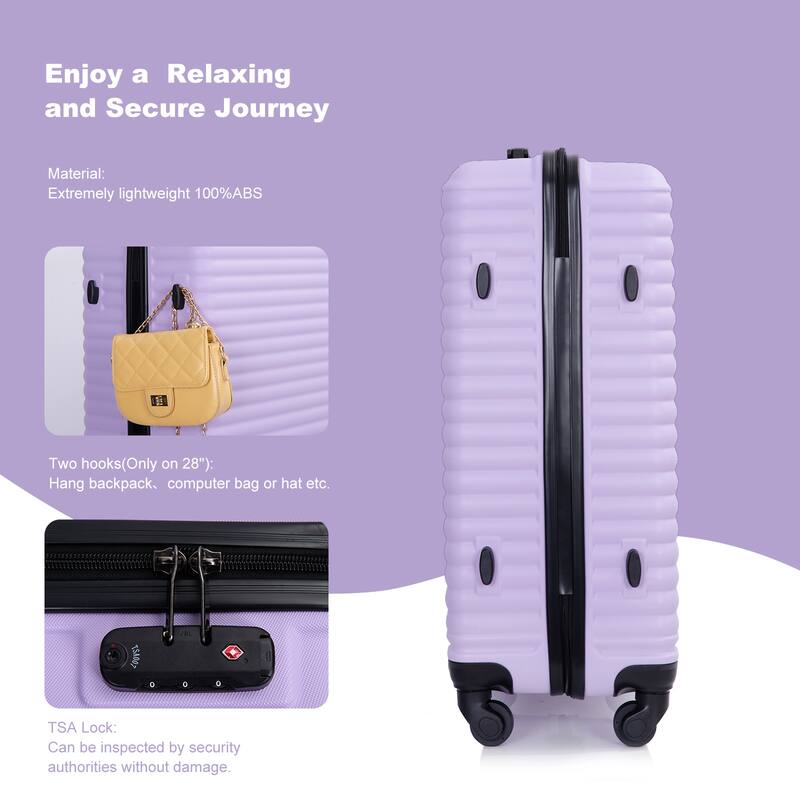 3 Piece ABS Hardside Luggage Sets Spinner Wheels Suitcase with Two Hooks and TSA Lock & Telescoping Handle