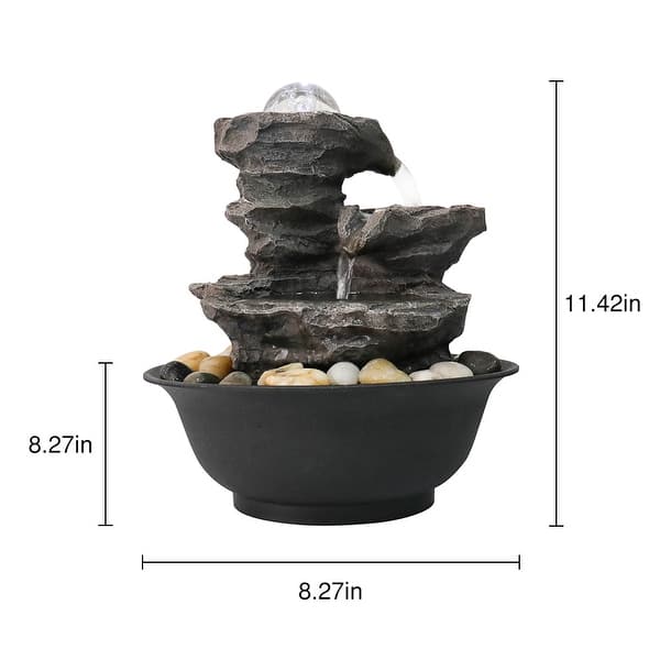 4-Tier Cascading Resin-Rock Falls Tabletop Water Fountain w/LED Lights