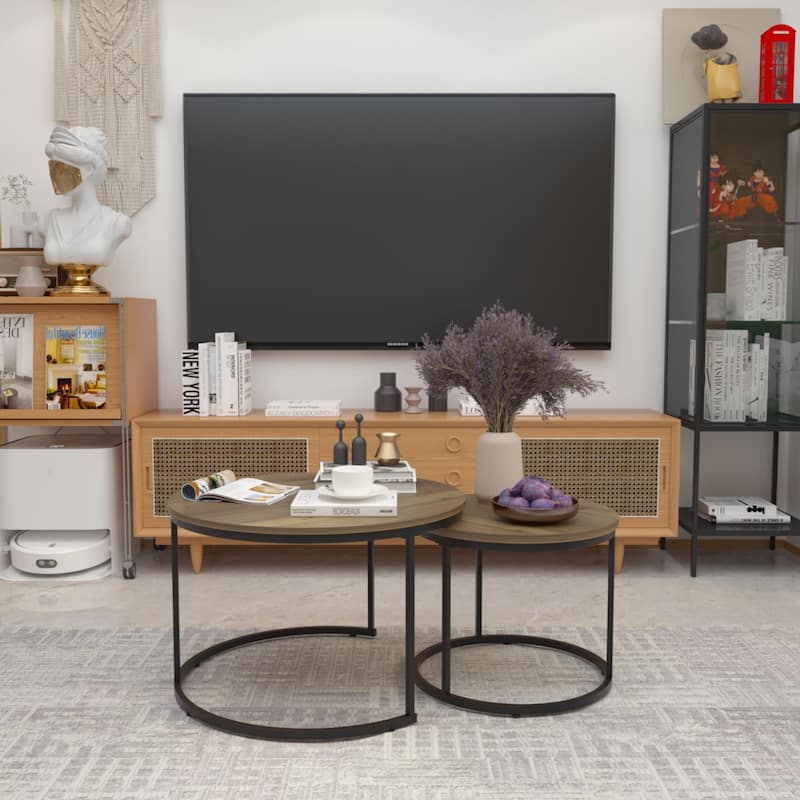 Modern Nesting Coffee Table Round Coffee Table Side Table, 2-Piece Set with Base, for Living Room, Brown