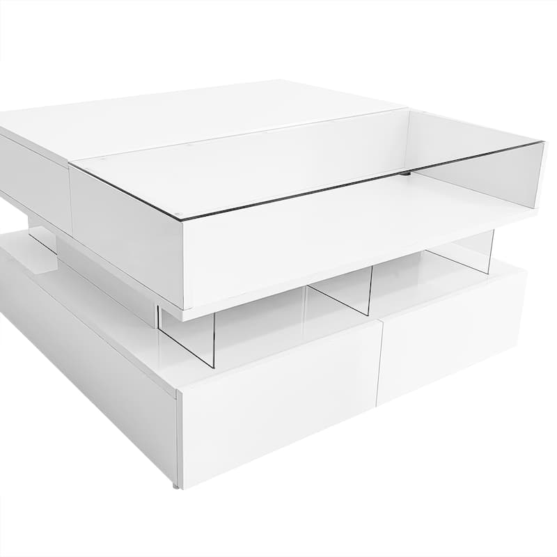 Lift-Top Coffee Table with 2 Drawers, Modern Square Coffee Table with Glass Top and High-Gloss Finish