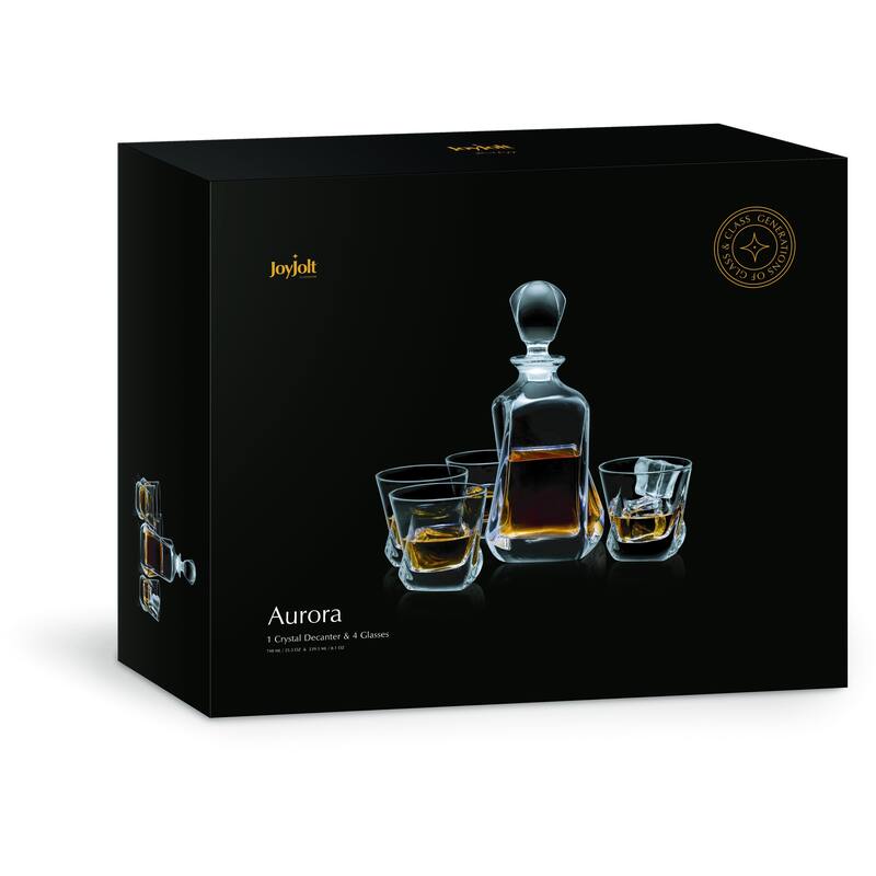JoyJolt Aurora Non-Leaded Crystal 5 Piece Whiskey Decanter Set, Scotch Decanter with 4 Old Fashioned Glasses