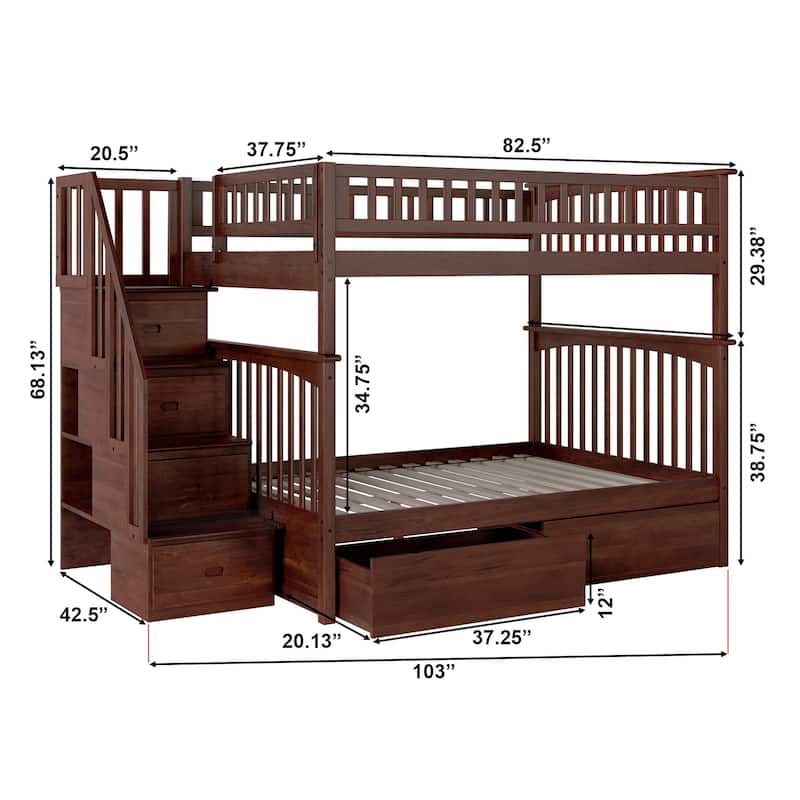 AFI Columbia Full over Full Size Staircase Bunk Bed with Bed Drawers & Charging Station in Walnut