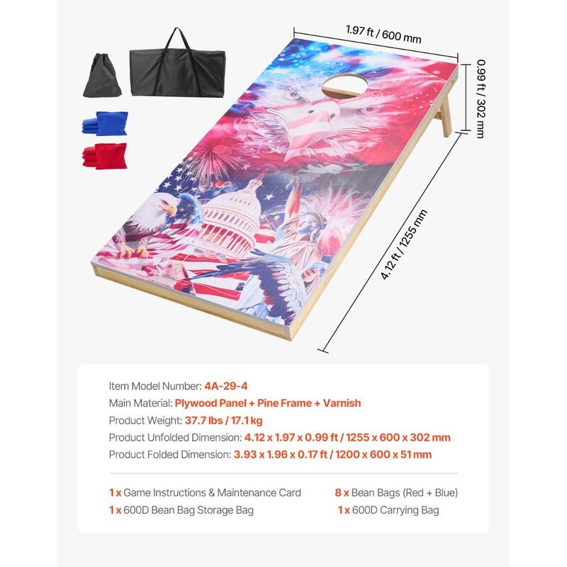 4 x 2 Feet Folding Wooden Cornhole Set with 8 Bean Bags and UV Printed Boards for Backyard Fun - 4.12x1.97x0.99 ft.