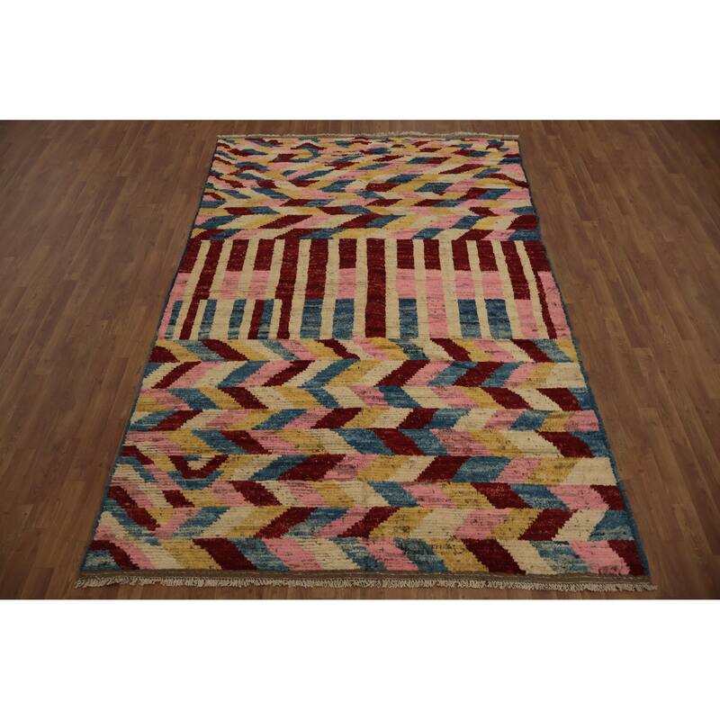 Hand Knotted Oriental 100% Wool Carpet Modern Geometric Multi-Colored Moroccan Area Rug - 10' 3'' X 6' 7''