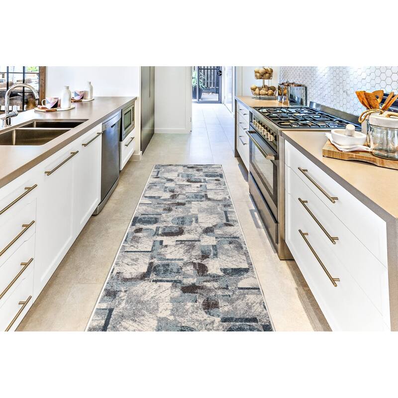 LaDole Rugs Abstract Rustic Modern Contemporary Runner Rug, Durable Carpet for Livingroom Hallway - Blue, Brown, and Ivory, 3x5