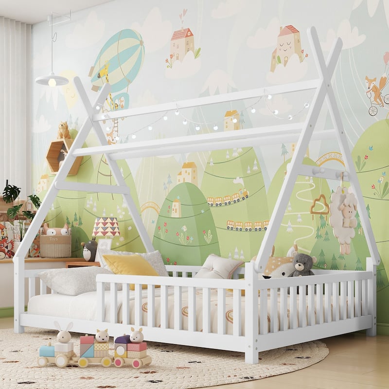 GDF Studio - Brighton Full Size Wooden House Bed with Roof and LED Light - White
