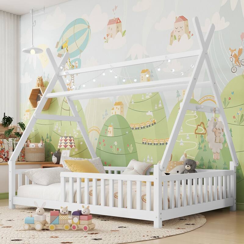 Wood Low Floor House Bed with Fence and LED Light Roof, Creativity Bed Tent Design for Kids Boys Girls No Box Spring Needed - White - Full