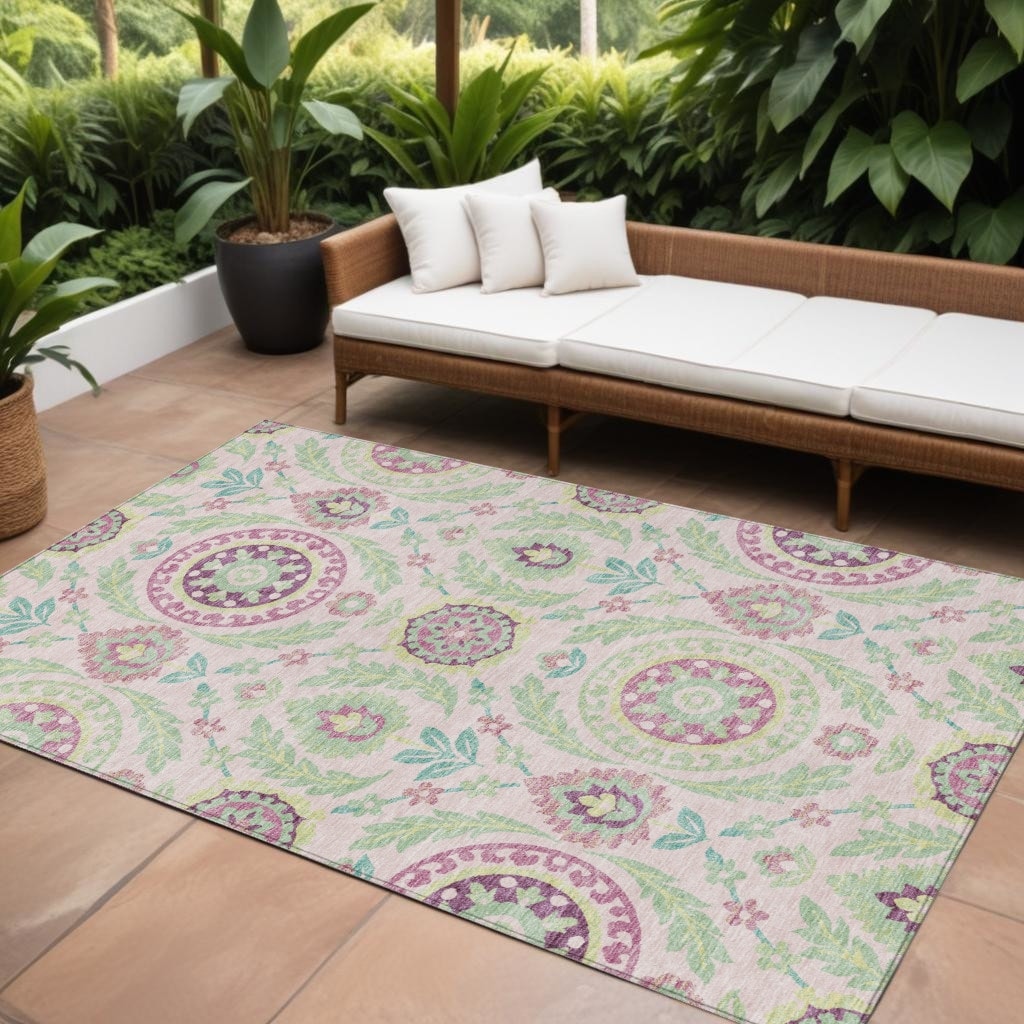 10' X 14' Pink Mauve And Mint Green Floral Washable Indoor Outdoor Area Rug - 9'3" x 12'3"