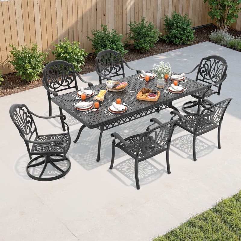 7-Piece Outdoor Dining Set with 1 Table and 6 Chairs, All-Weather Aluminum Outdoor Patio Sets