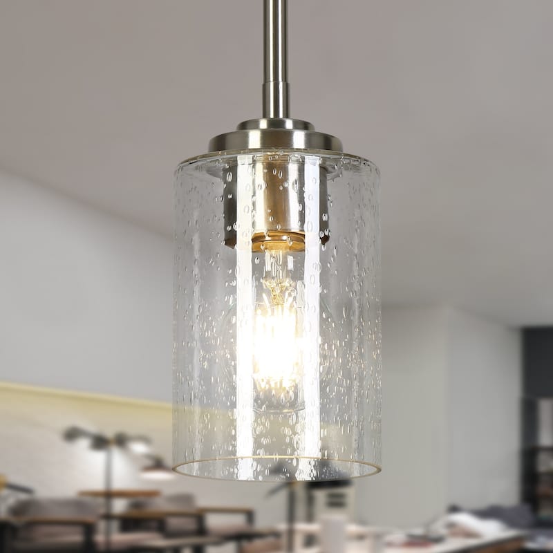 Modern Nickel 1-Light Cylinder Glass Pendant Light for Kitchen Island Commercial - D3.9" x H7.2"