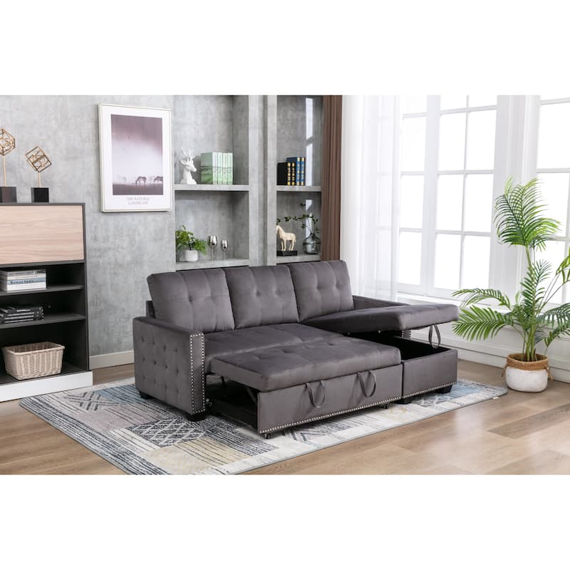 77 Inch Reversible Sectional Sleeper Sofa Bed, L-Shape 2 Seat, Dark Grey Velvet