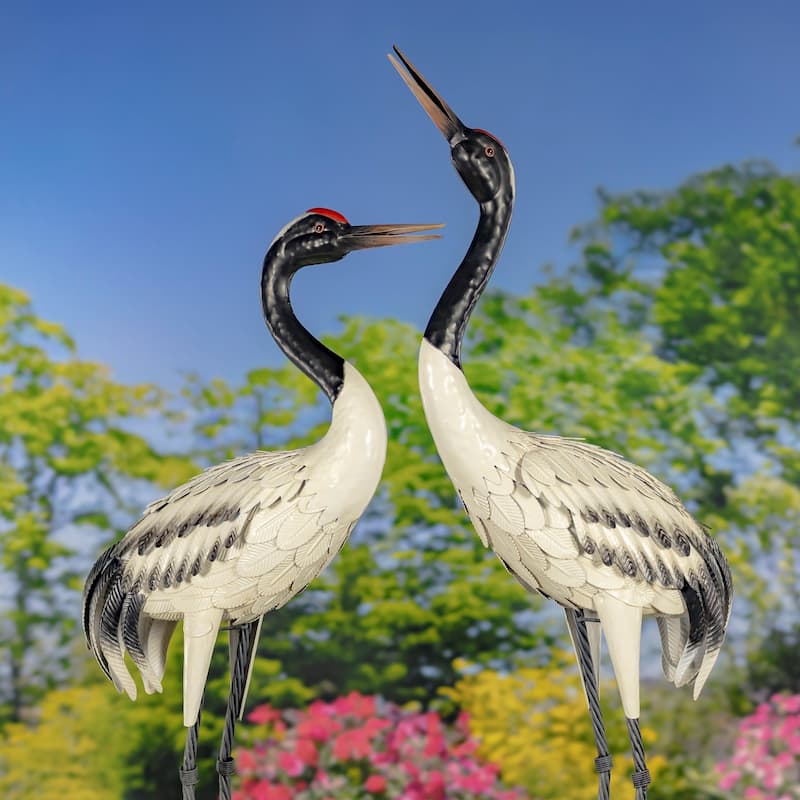 Set of 2 54" Tall Iron Black-Necked White Crane Garden Figurines - Iron - Black and White - Large