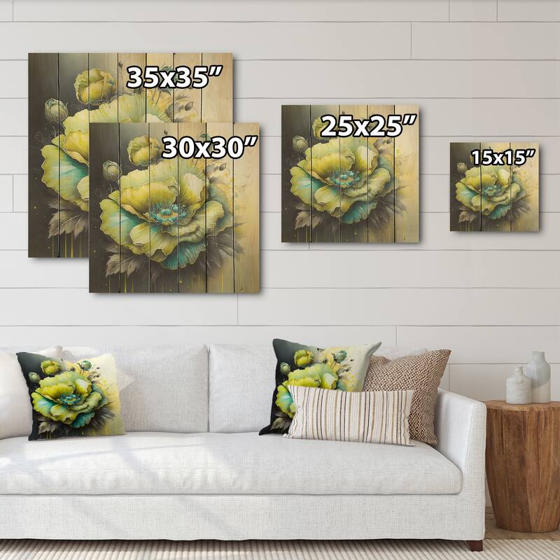 Designart 'Green Blooming Flower I' Floral Wood Wall Art - Natural Pine Wood