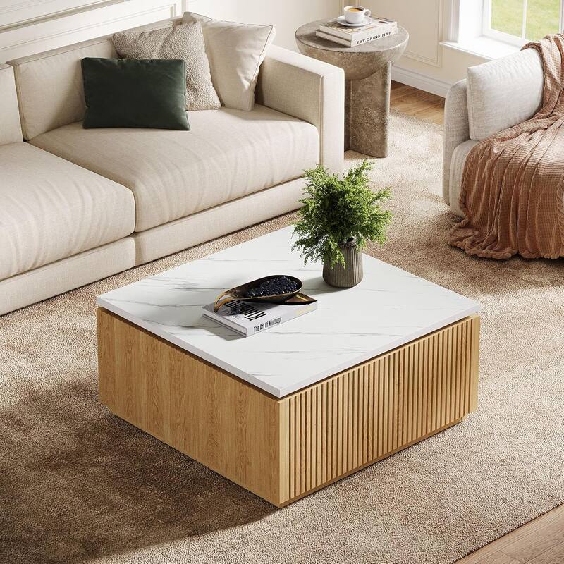 31.5" Square Coffee Table, Modern Faux Marble Top with Wood Accents