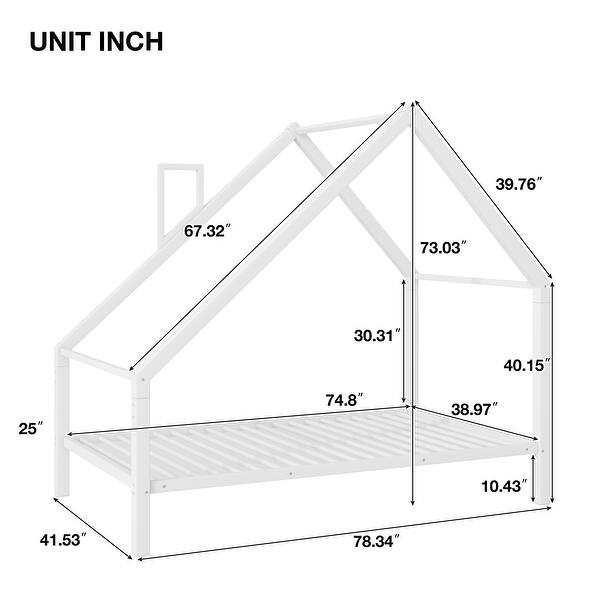 dimension image slide 3 of 4, Metal House Platform Bed With Roof And Chimney