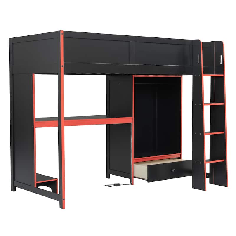 Esports Gaming Bed LED Gaming Loft Bed with Wardrobe, Drawer, Desk with PC Tower Holder Underneath for Gaming Hotel Gaming Room