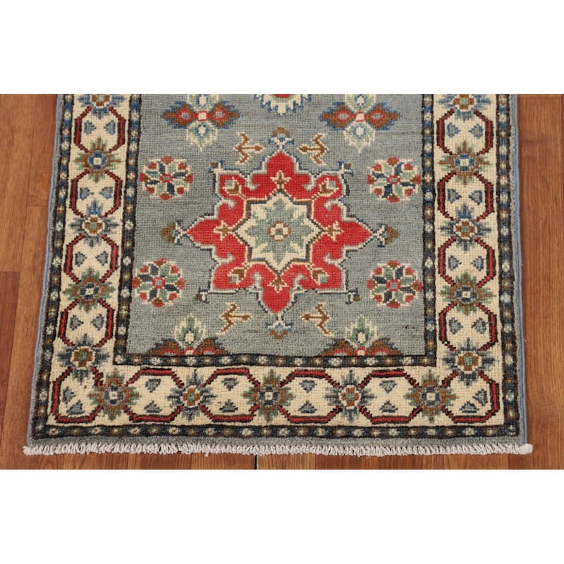 Gray Geometric Kazak Oriental Runner Rug Hand-Knotted Wool Carpet - 2'2" x 6'0"