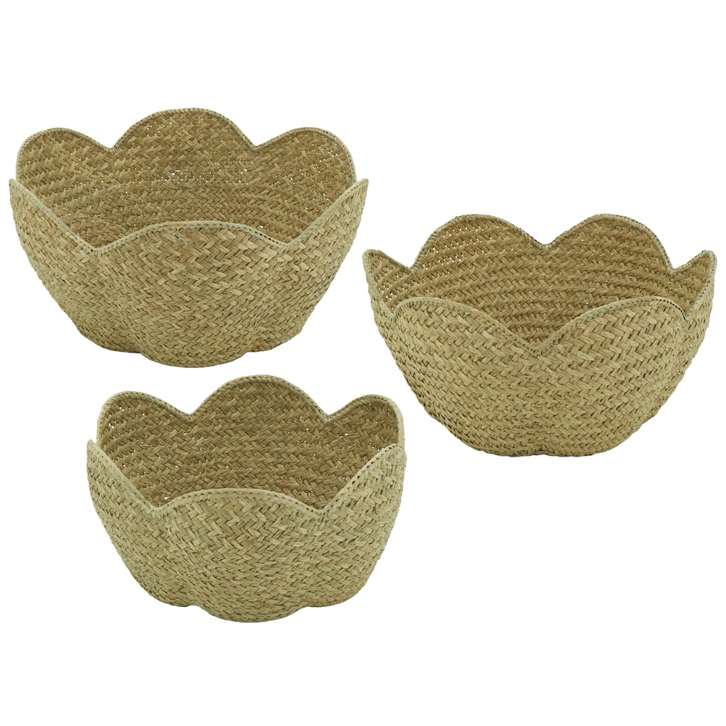 Scalloped Seagrass Storage Baskets (Set of 3) - Handwoven Natural Fiber Bowls for Shelves, Countertops & Decorative Organization