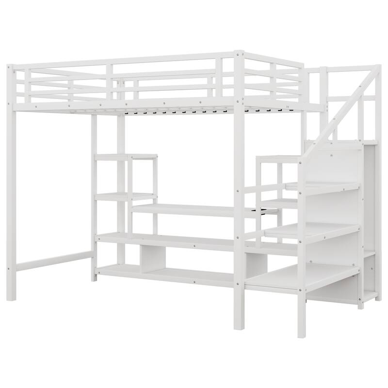 Full Size High Metal Loft Bed Frame with Entertainment TV Stand, Shelves, LED Light Strip, Charging Station, Staircase Wardrobe