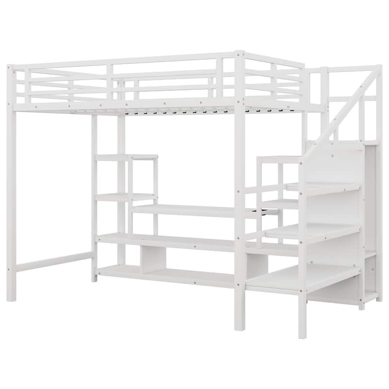 Full Size Metal Loft Bed with TV Cabinet, Staircase, Wardrobe, and LED Light Strip, White