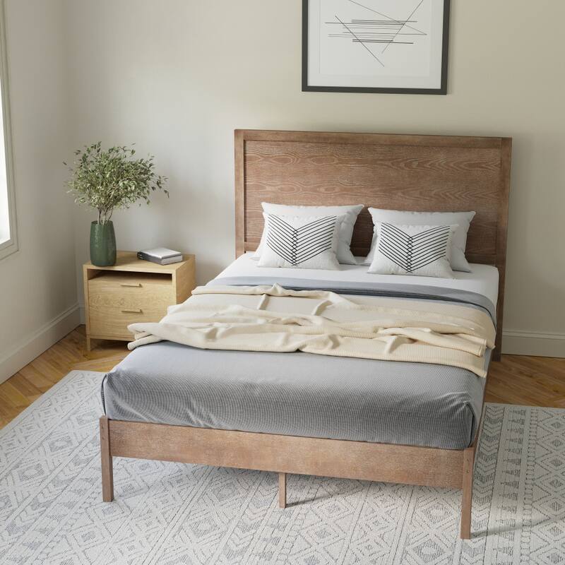 Solid Wood Platform Bed with Headboard and Wooden Slats