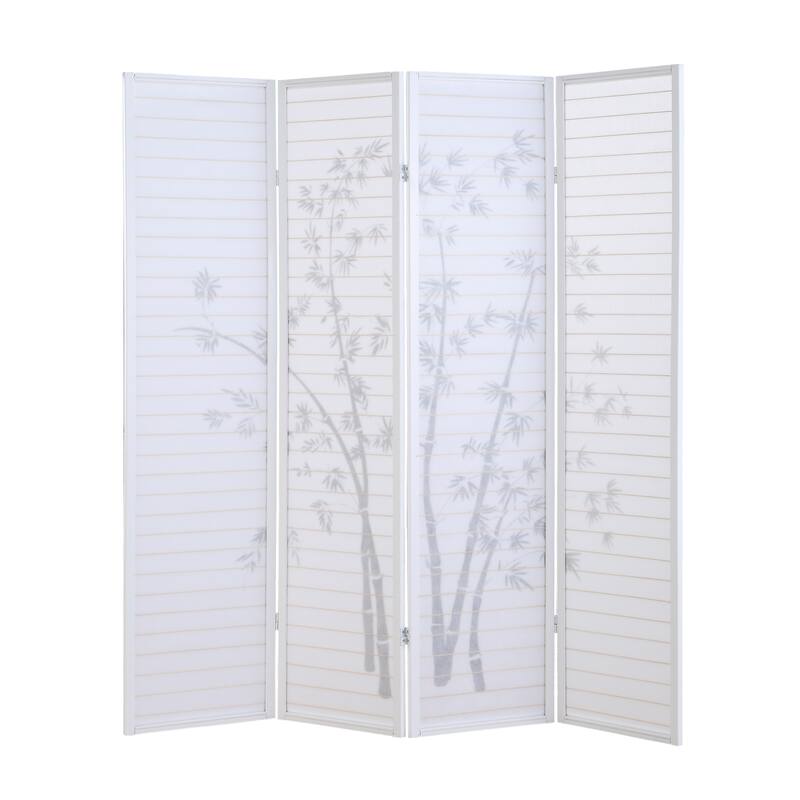 Bamboo Print 4-Panel Framed Room Screen/Divider, Screen Wall Divider for Room Separation Freestanding Partition Separators,White