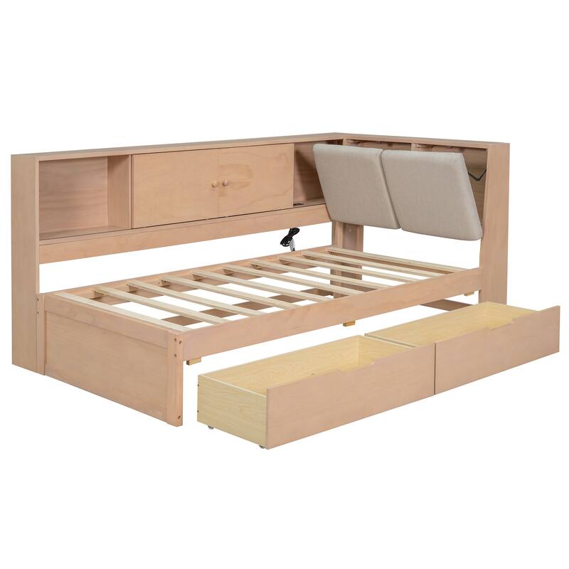 L-shaped Daybed Wooden Corner Sofa Bed Frame with Sliding Doors Bookcase Captains Bed, Upholstered Headboard Built-in Storage