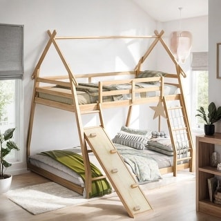 Artsy Twin over Queen House Bunk Bed with Climbing Nets and Climbing Ramp, Maximized Space & Playful Design