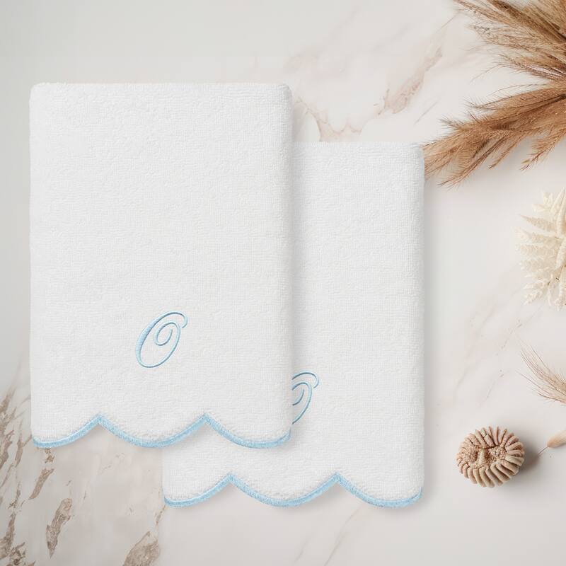 Authentic Hotel and Spa 100% Turkish Cotton Blue ADORNIA Scallop Personalized 2 Piece Hand Towel Set - 2 Hand Towels