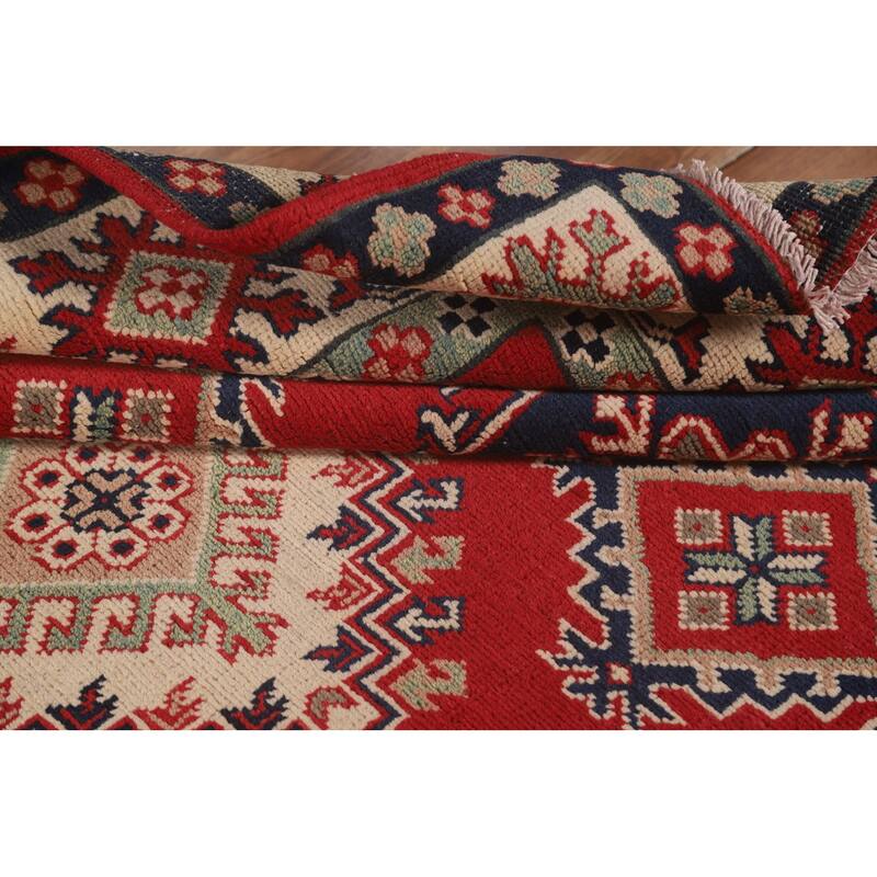 Geometric Kazak Area Rug Handmade Red Wool Carpet - 5'1" x 6'8"