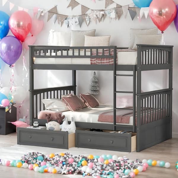 slide 2 of 26, Convertible Full Over Full Bunk Bed With Drawers With Fence-shaped Guardrail Grey