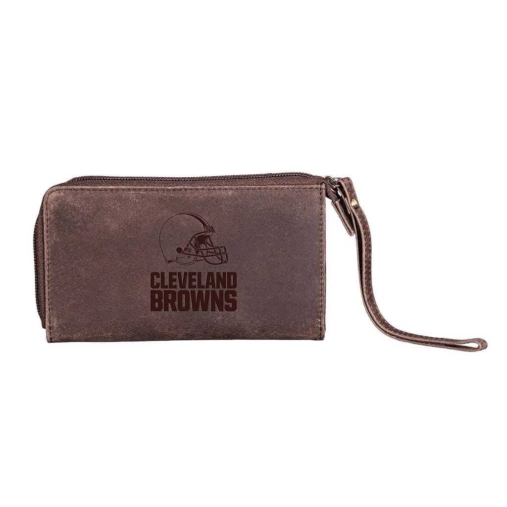 Brown Leather Cell Phone Wristlet Wallet, Cleveland Browns - 4" x 7"
