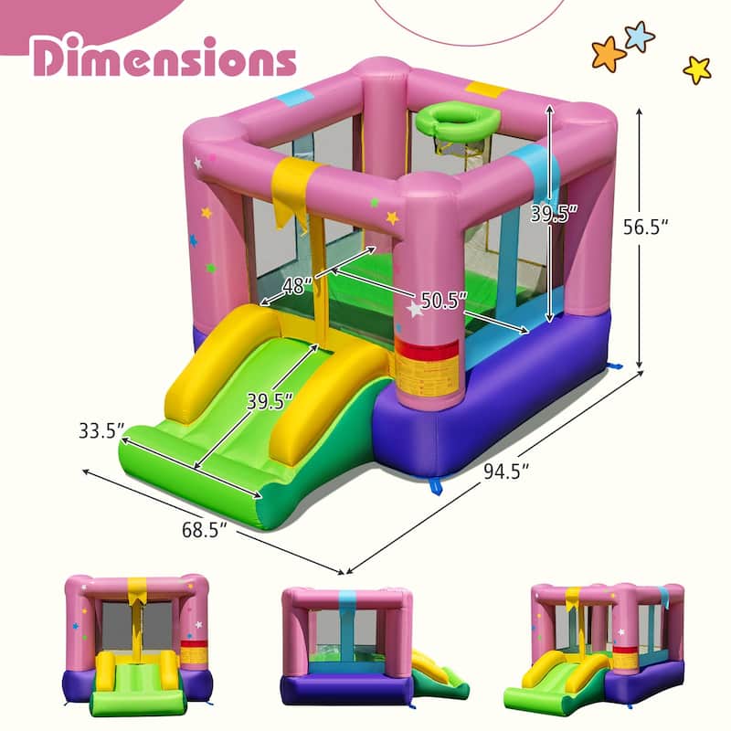 Multi-Color Outdoor and Indoor Kids Inflatable Bounce House with Slide Basketball Hoop and Safety Mesh