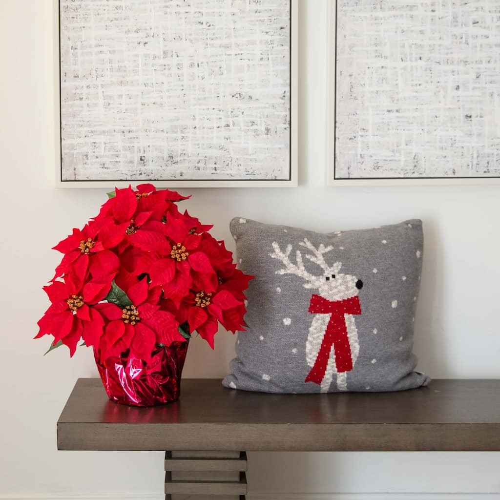 Potted Poinsettia Artificial Floral Arrangement - 19" - Red