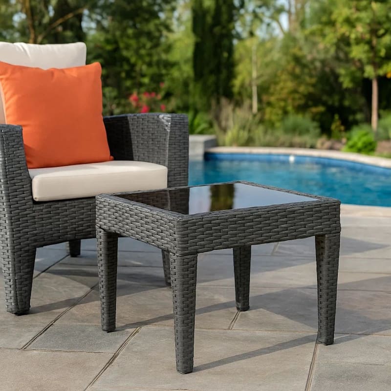 Annie Outdoor Square Accent Table, Tempered Glass, 20 Inch Gray Wicker