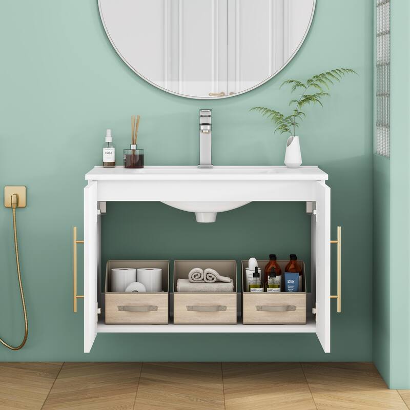 30-Inch Gloss Wall-Mounted Bathroom Vanity with Double Doors, Soft-Close Hangers,Long Gold Metal Handle