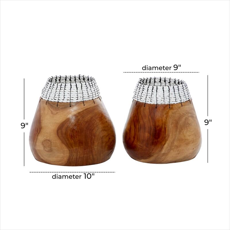 Brown Wood Handmade Vase with Black or White Seagrass Accents (Set of 2)