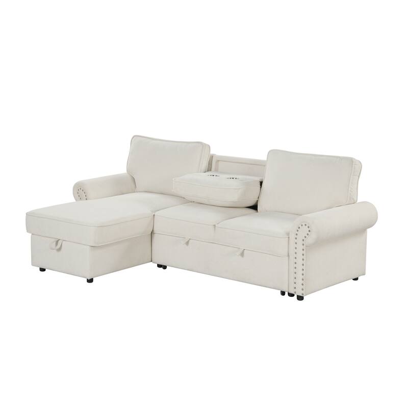 Convertible Sectional Sleeper Sofa with Storage Chaise, Pull-Down Backrest, Dual Cup Holders, Arc Armrests and Nailhead Trim
