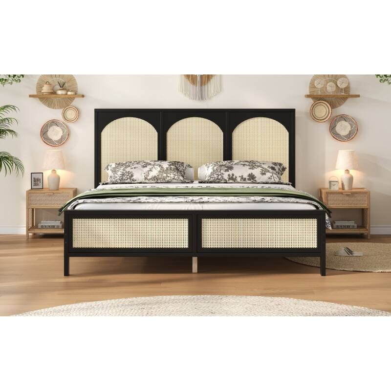 Roomfitters Queen/King Wood Platform Bed with Rattan Headboard and Footboard