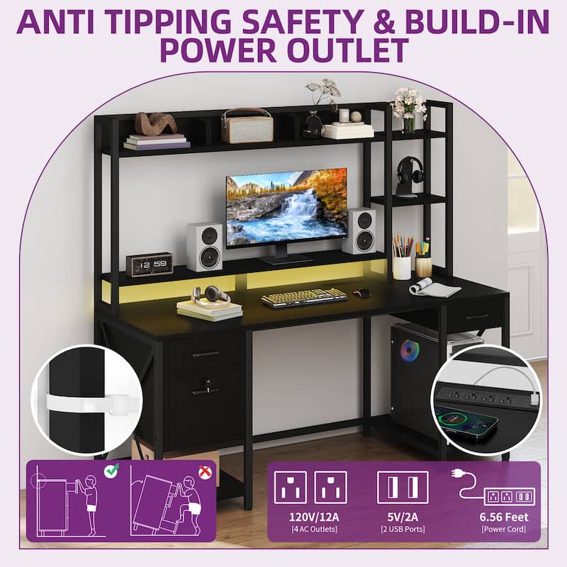 Moasis 59" Computer Desk with Hutch and Shelves, LED Gaming Desk with Monitor Stand