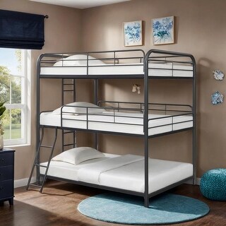 Full Over Full Over Full Metal Bunk Bed with 2 Attached Ladders, Black