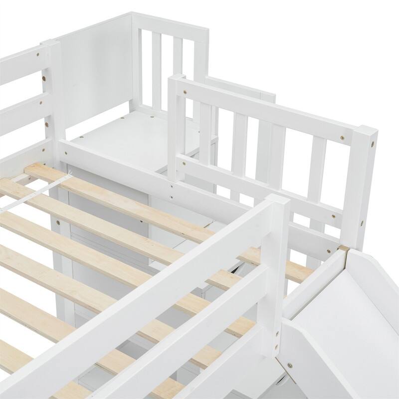 Twin Over Full Multifunctional Kids Bunk Bed Frame with Slide, Wooden Loft Bed with Storage Staircase and Guardrails